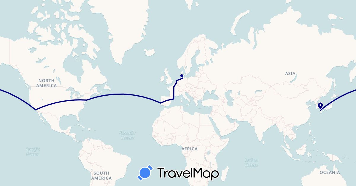 TravelMap itinerary: driving in Belgium, Germany, Denmark, Spain, France, Japan, Netherlands, Portugal, United States (Asia, Europe, North America)